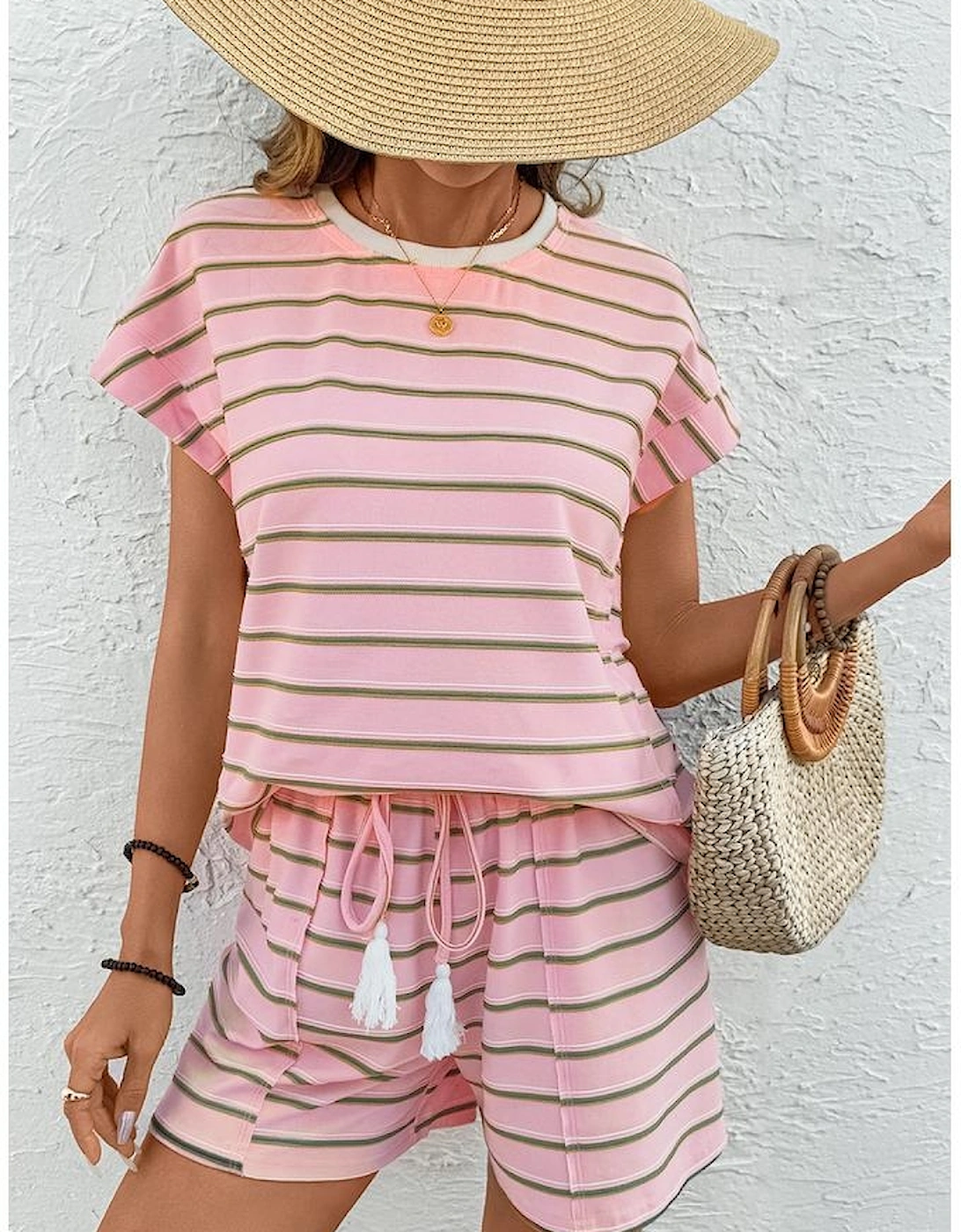 Pink Stripe Wide Short Sleeve Tee and Short Set