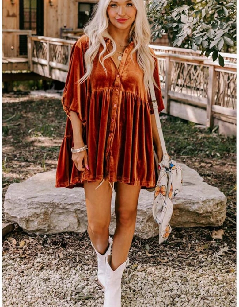 Azura Exchange Chestnut 3/4 Sleeve Tunic Babydoll Velvet Shirt