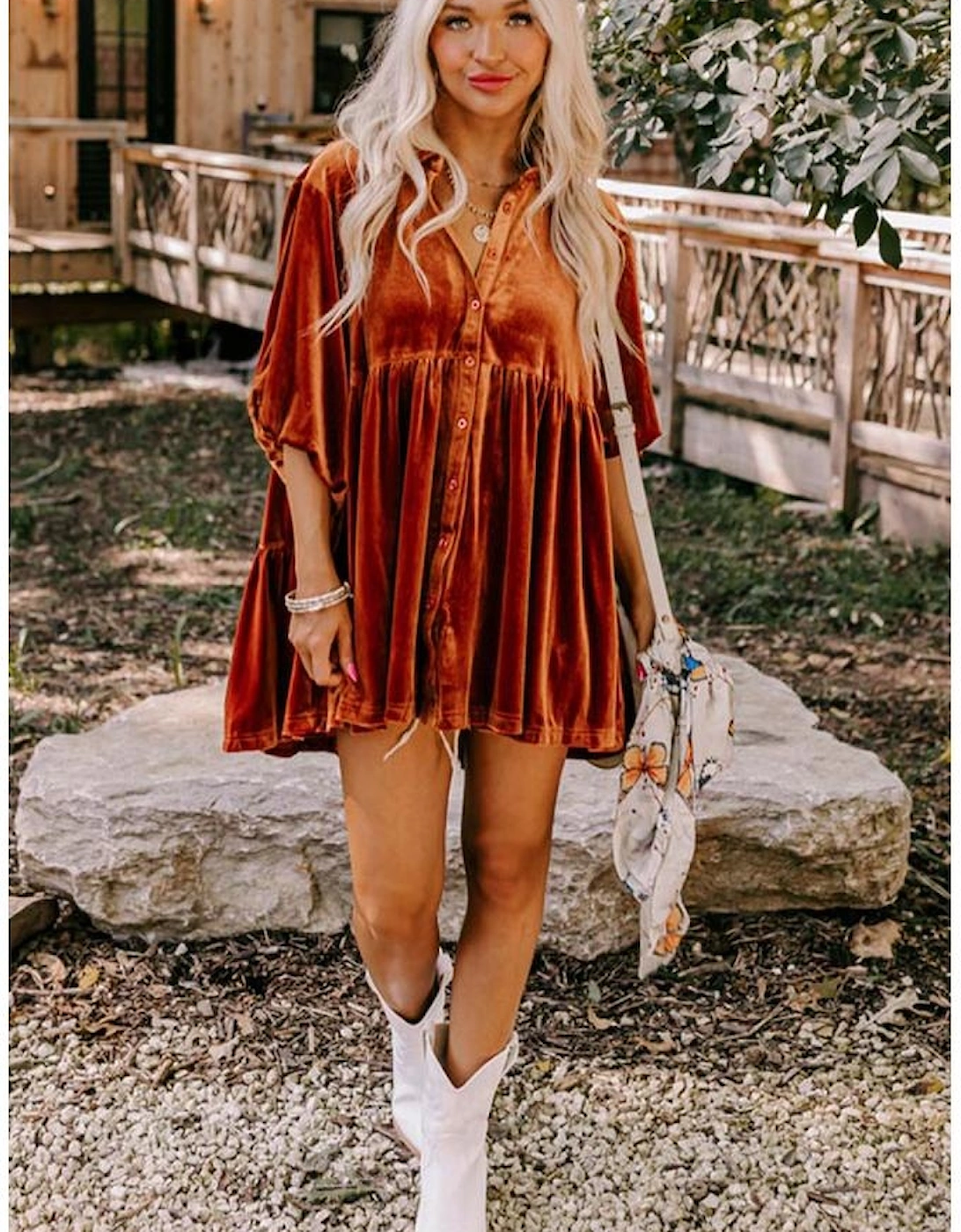 Azura Exchange Chestnut 3/4 Sleeve Tunic Babydoll Velvet Shirt