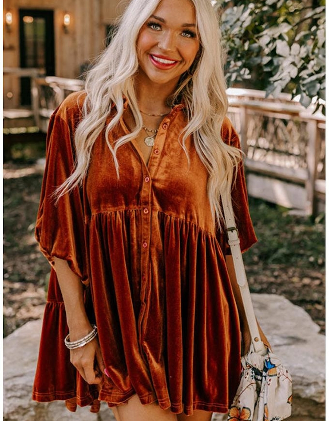 Azura Exchange Chestnut 3/4 Sleeve Tunic Babydoll Velvet Shirt