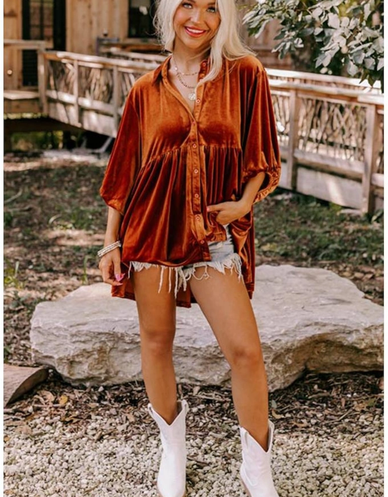 Azura Exchange Chestnut 3/4 Sleeve Tunic Babydoll Velvet Shirt