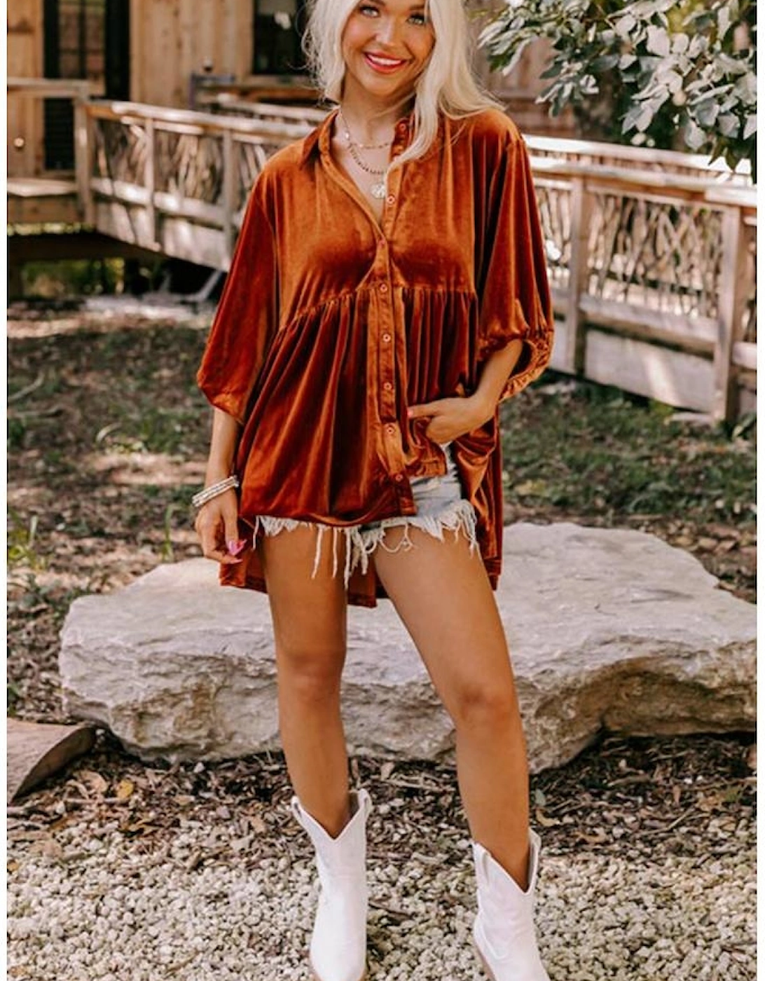 Azura Exchange Chestnut 3/4 Sleeve Tunic Babydoll Velvet Shirt