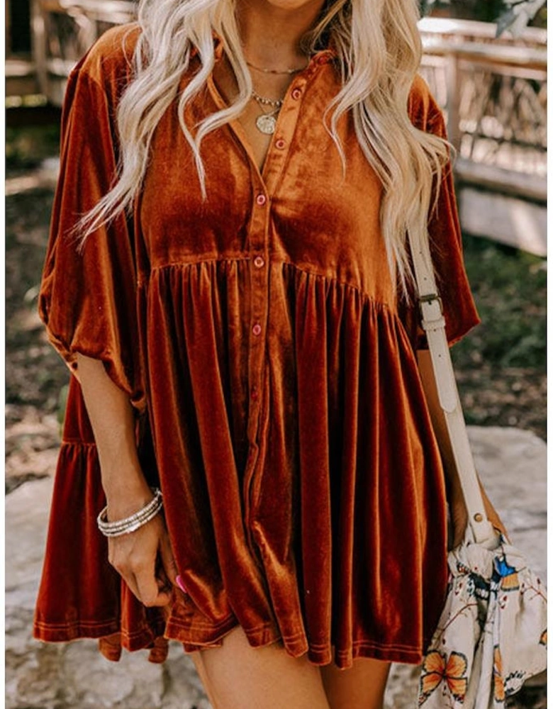 Azura Exchange Chestnut 3/4 Sleeve Tunic Babydoll Velvet Shirt