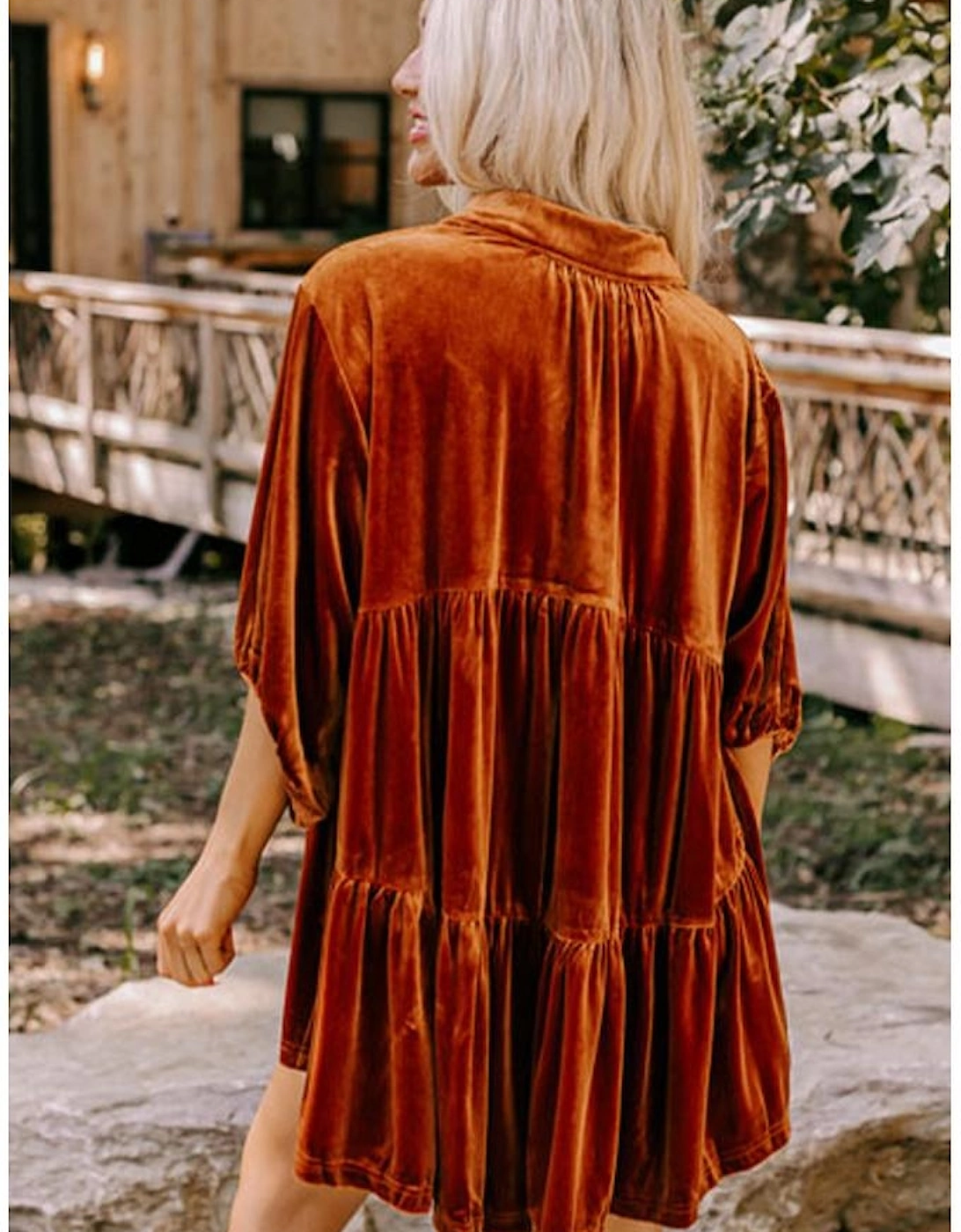 Azura Exchange Chestnut 3/4 Sleeve Tunic Babydoll Velvet Shirt