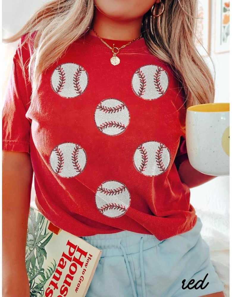 Red Glittering Rugby Pattern Crew Neck Game Day T Shirt