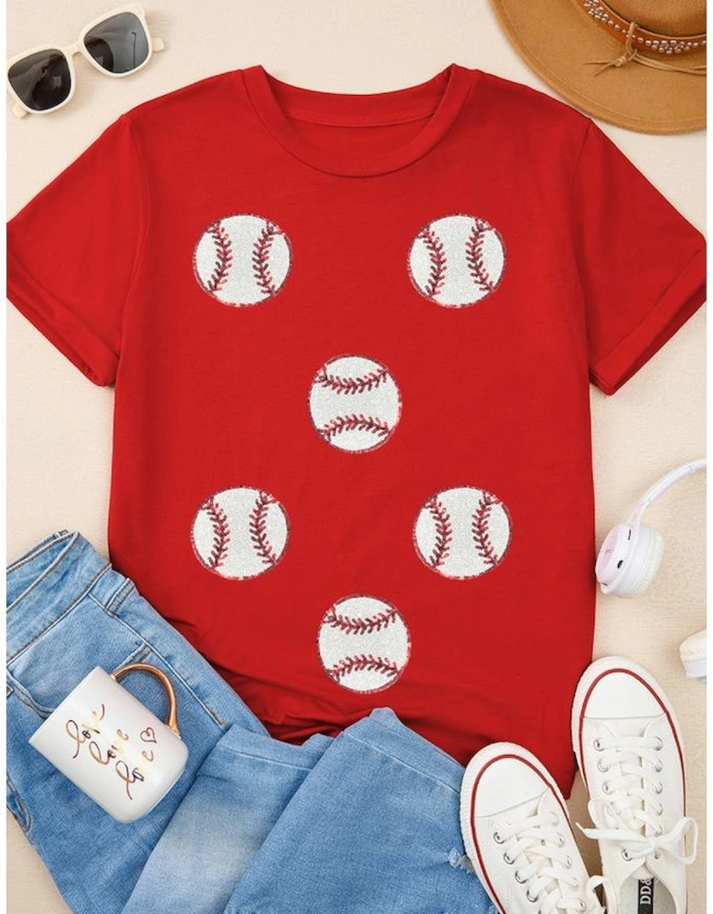 Red Glittering Rugby Pattern Crew Neck Game Day T Shirt