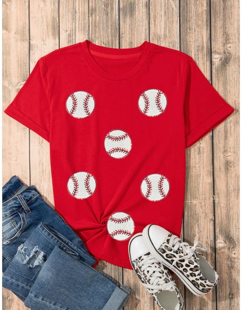 Red Glittering Rugby Pattern Crew Neck Game Day T Shirt