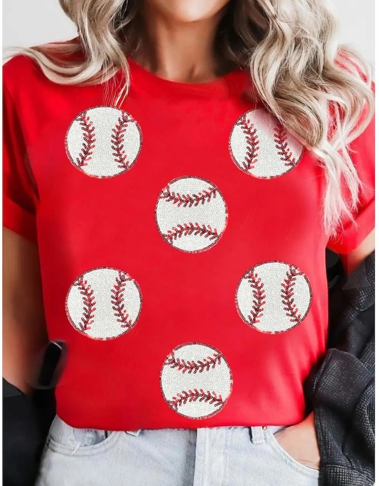 Red Glittering Rugby Pattern Crew Neck Game Day T Shirt