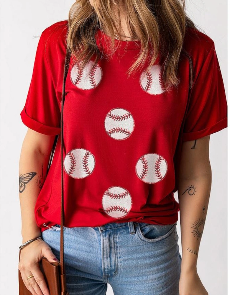 Red Glittering Rugby Pattern Crew Neck Game Day T Shirt