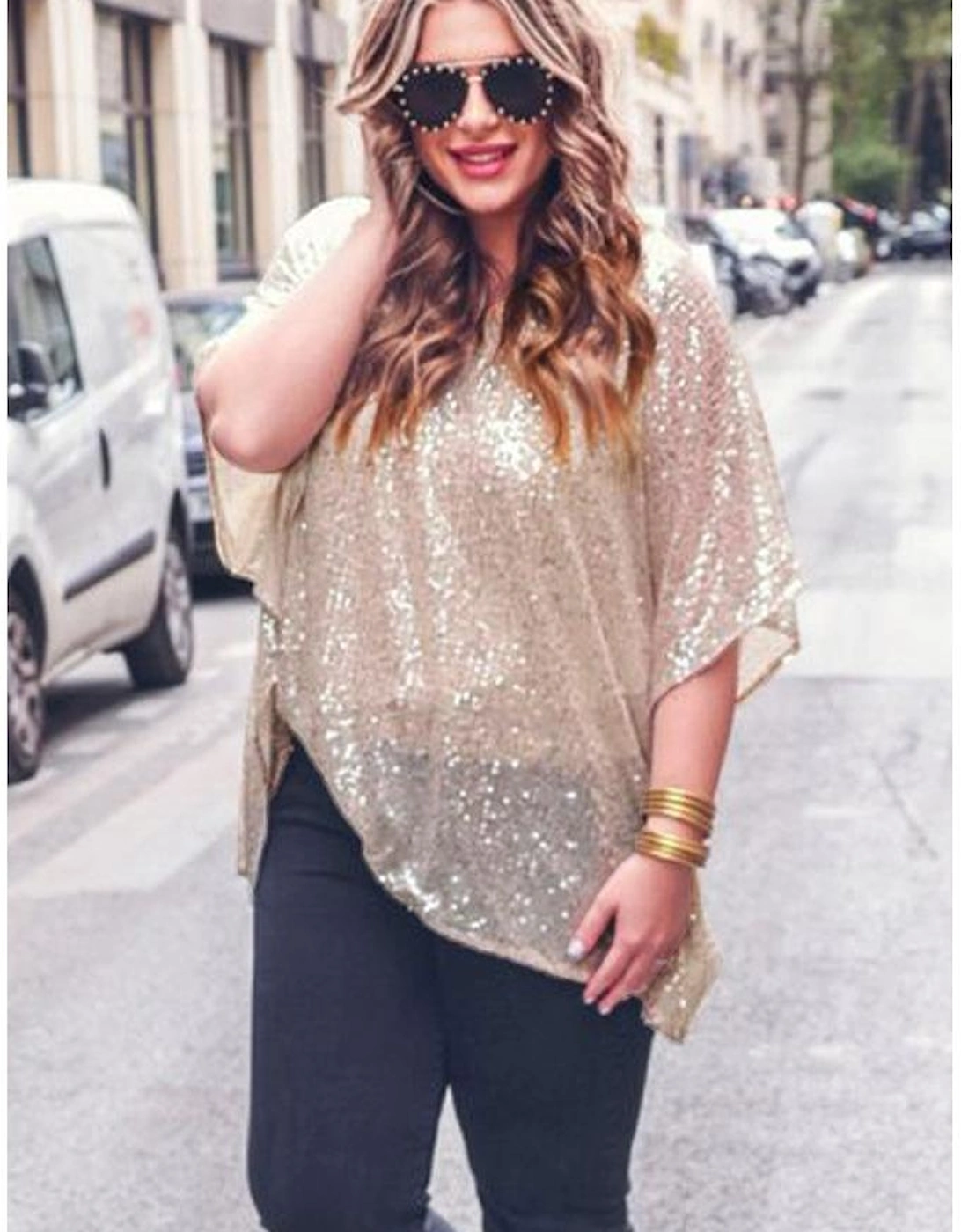Apricot Plus Size Sequined V Neck Boxy Top, 12 of 11