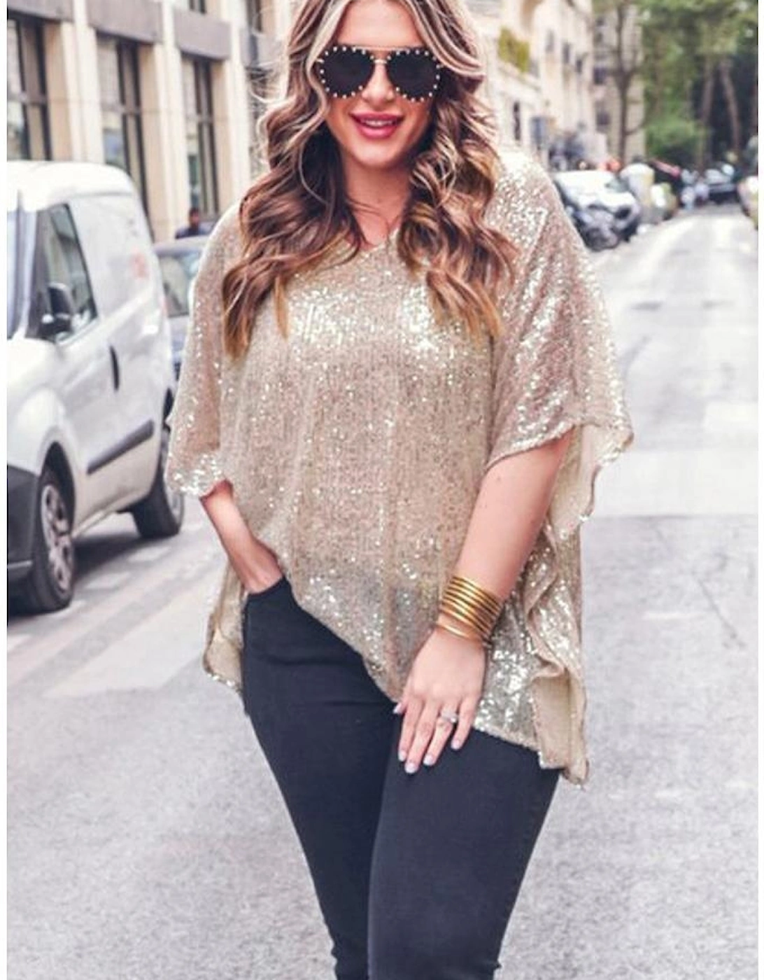 Apricot Plus Size Sequined V Neck Boxy Top