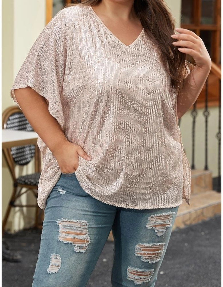 Apricot Plus Size Sequined V Neck Boxy Top