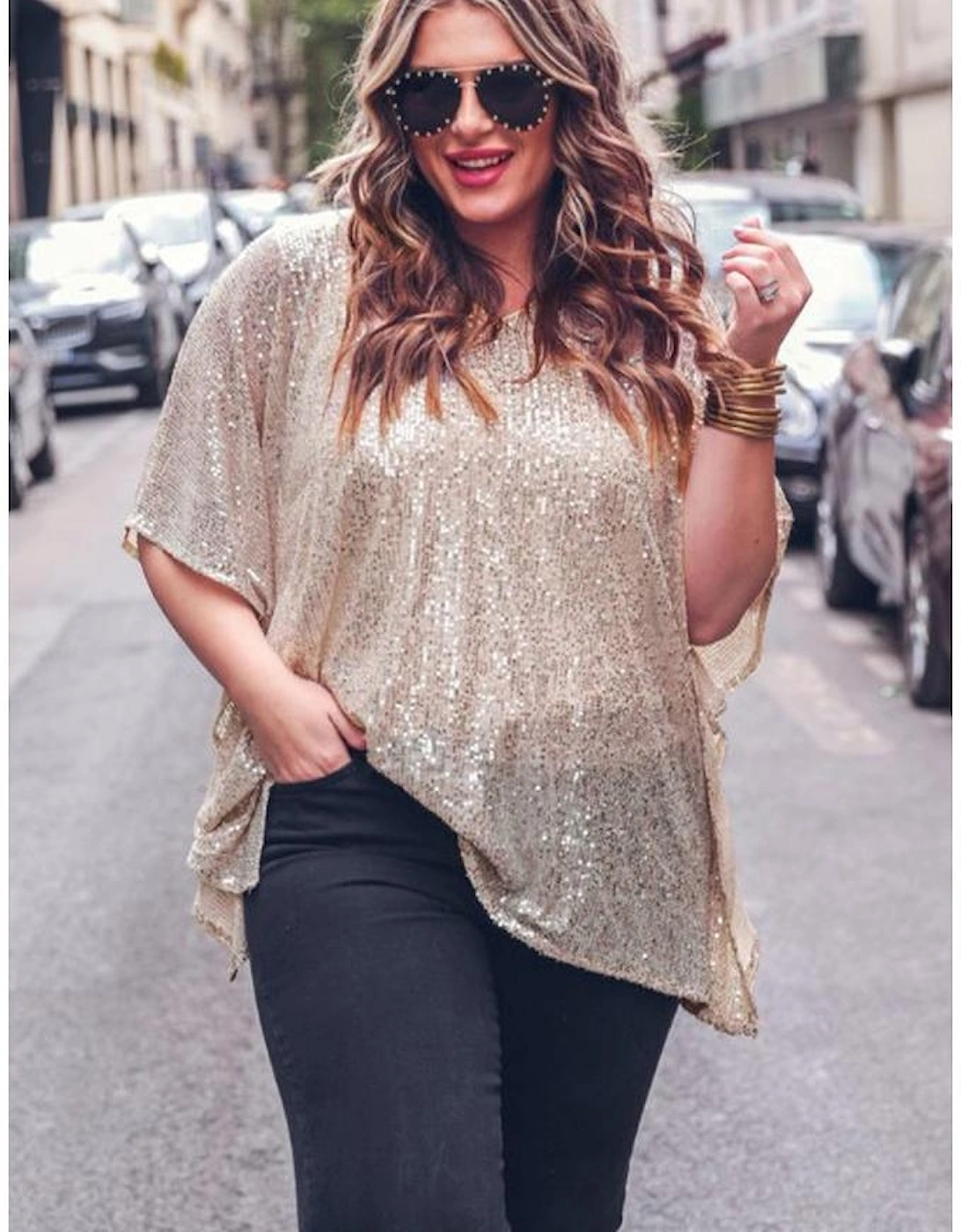 Apricot Plus Size Sequined V Neck Boxy Top