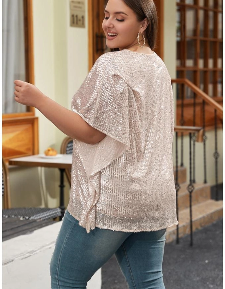 Apricot Plus Size Sequined V Neck Boxy Top
