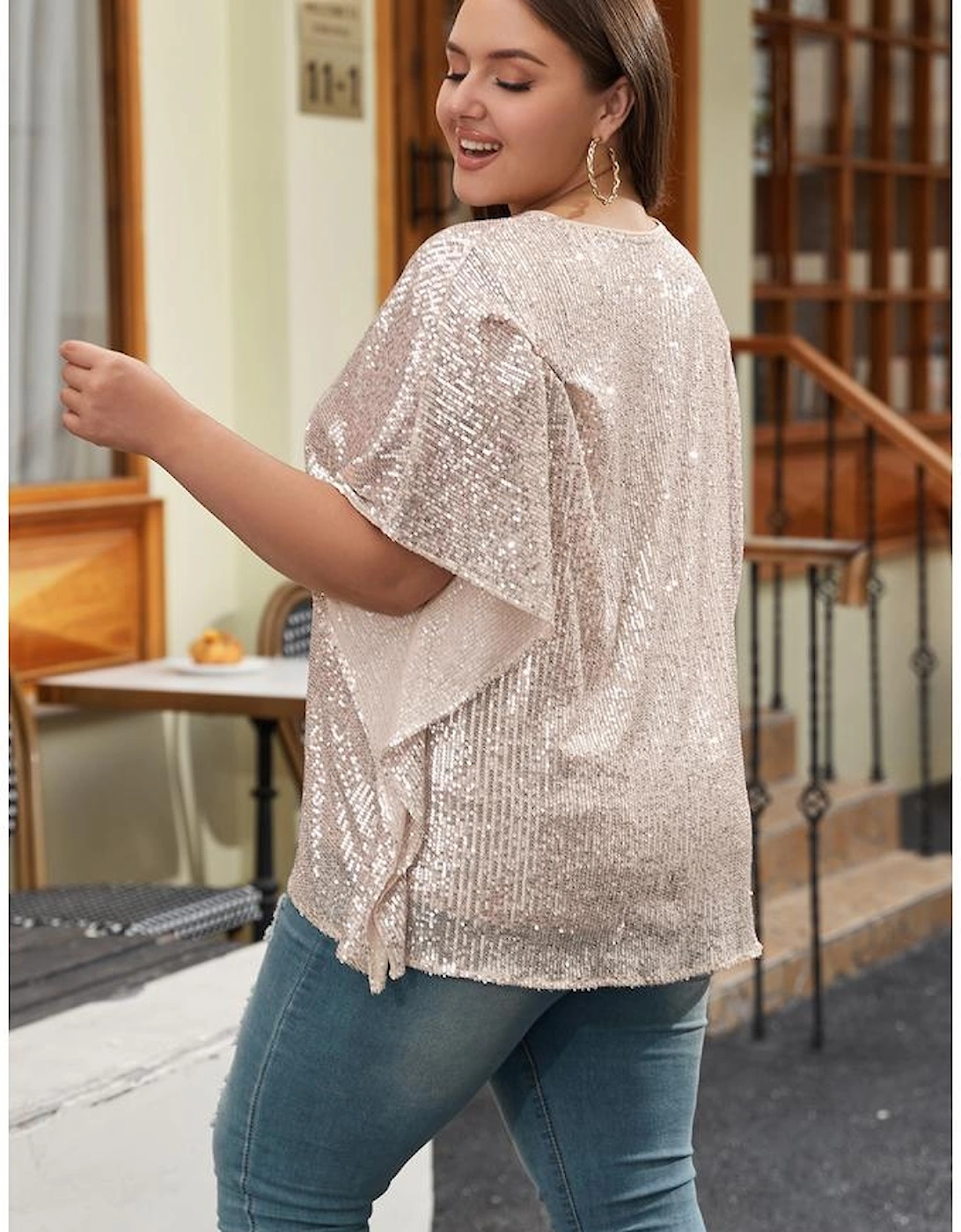 Apricot Plus Size Sequined V Neck Boxy Top
