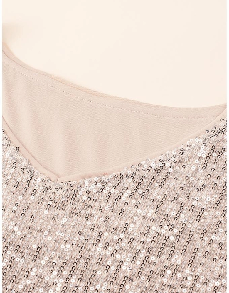 Apricot Plus Size Sequined V Neck Boxy Top