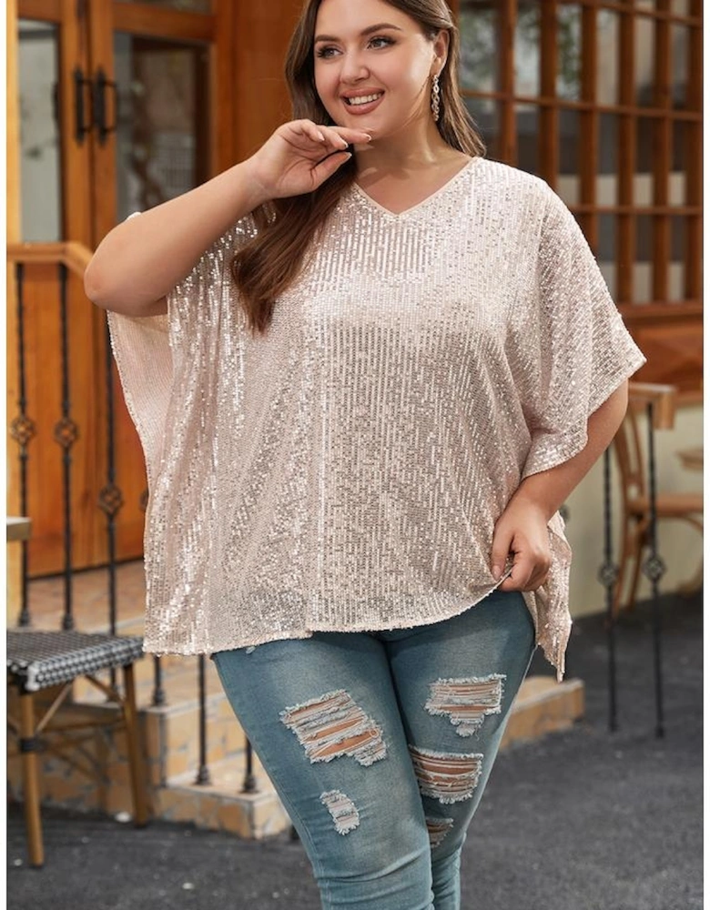 Apricot Plus Size Sequined V Neck Boxy Top