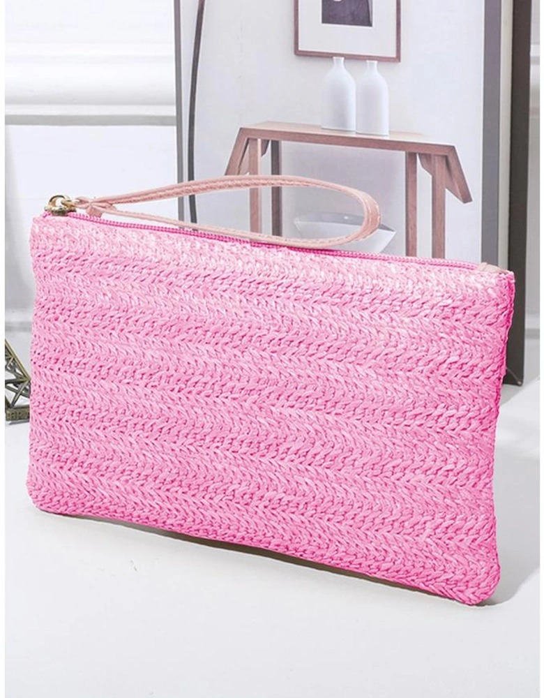 Rose Red Straw Woven Wrist Strap Zipper Large Wallet