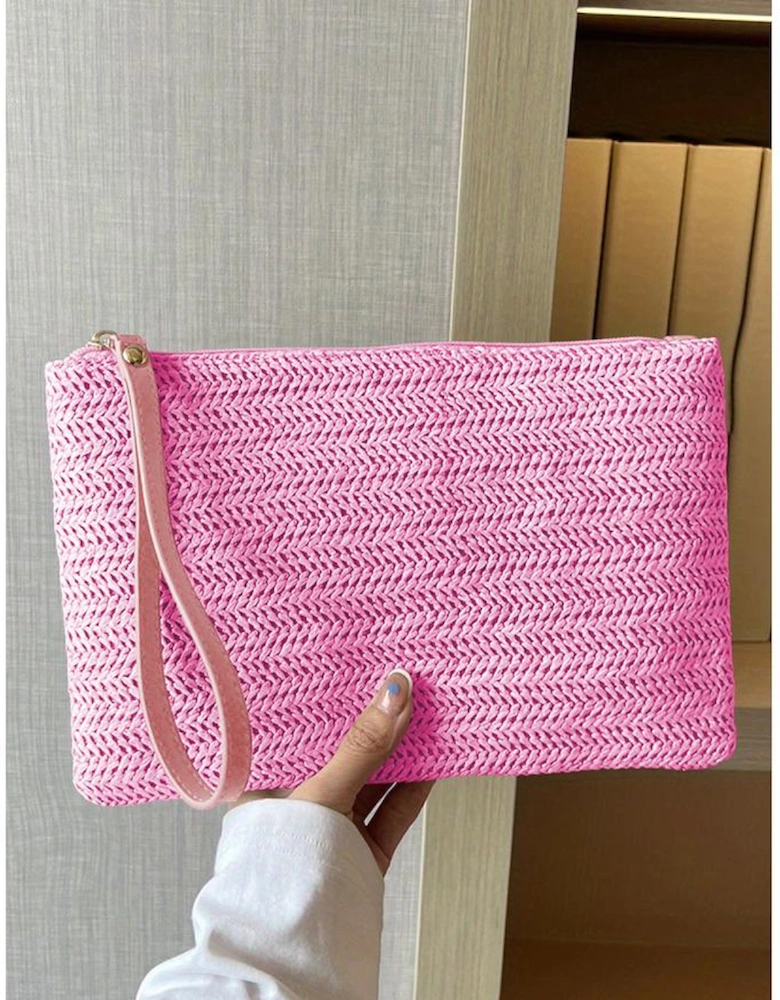 Rose Red Straw Woven Wrist Strap Zipper Large Wallet