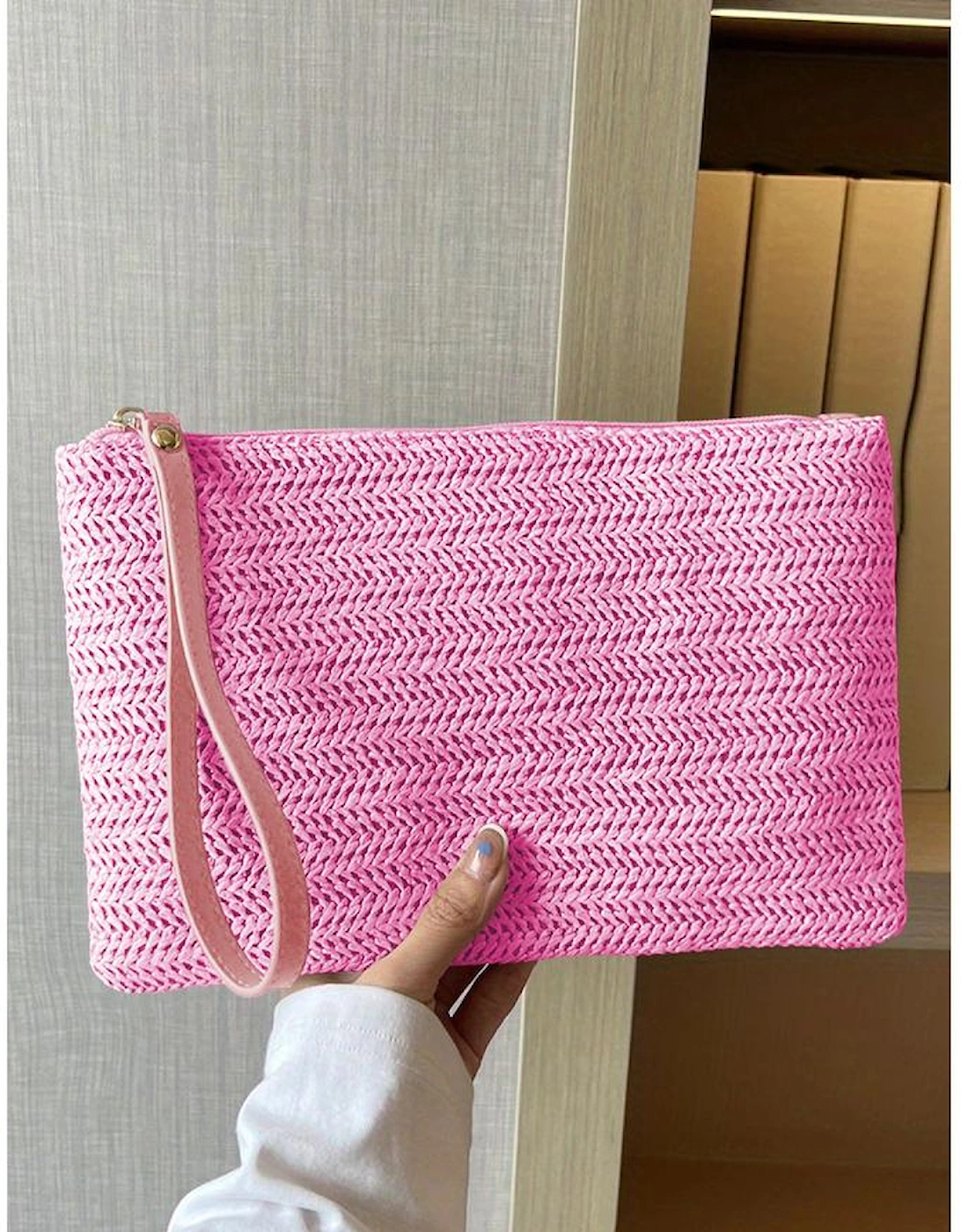 Rose Red Straw Woven Wrist Strap Zipper Large Wallet, 9 of 8