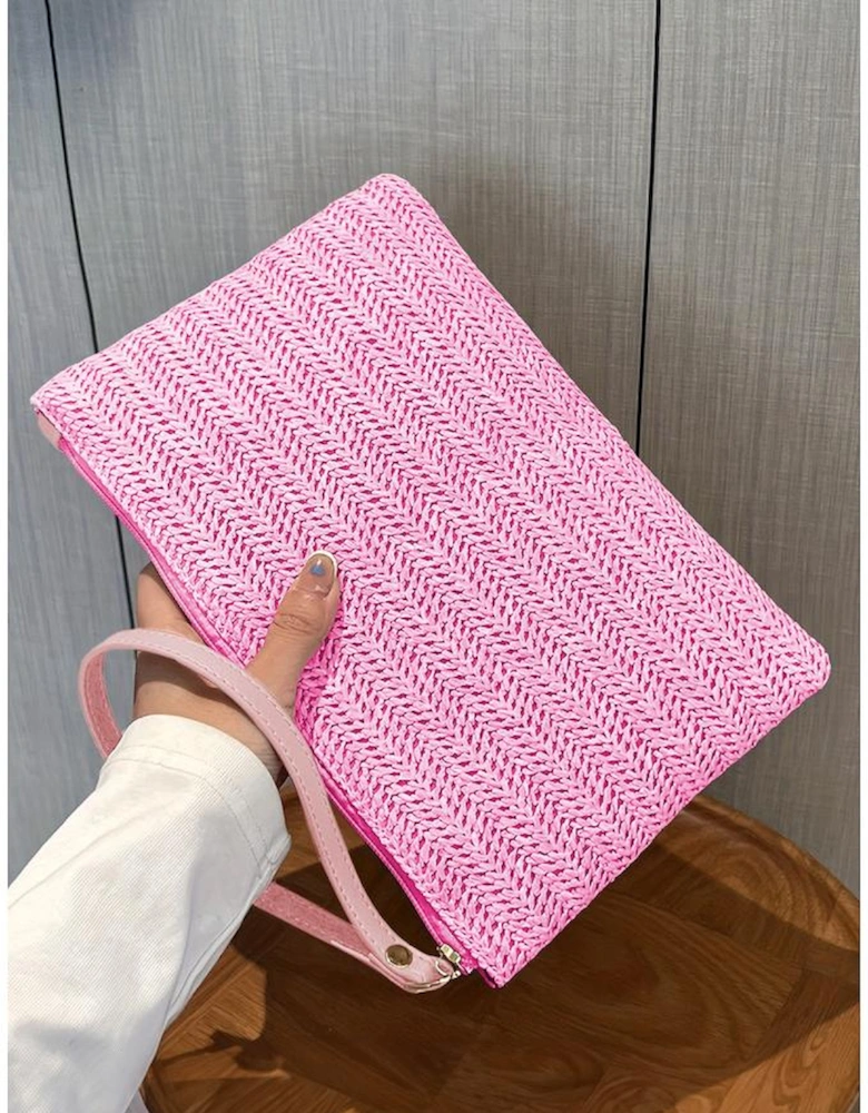 Rose Red Straw Woven Wrist Strap Zipper Large Wallet