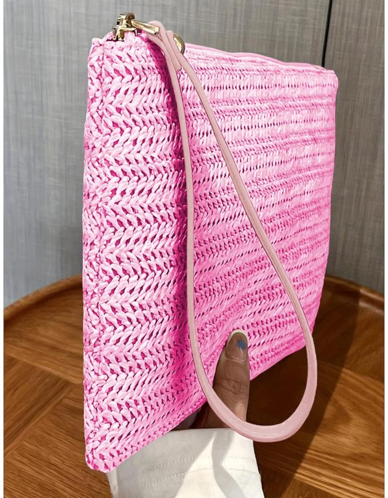 Rose Red Straw Woven Wrist Strap Zipper Large Wallet