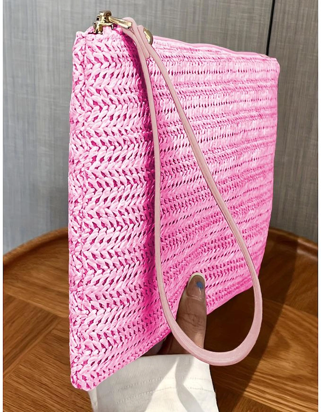 Rose Red Straw Woven Wrist Strap Zipper Large Wallet
