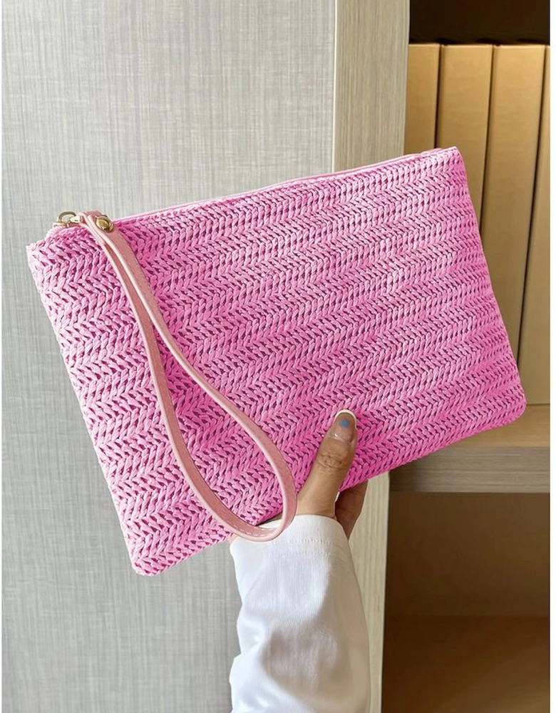 Rose Red Straw Woven Wrist Strap Zipper Large Wallet