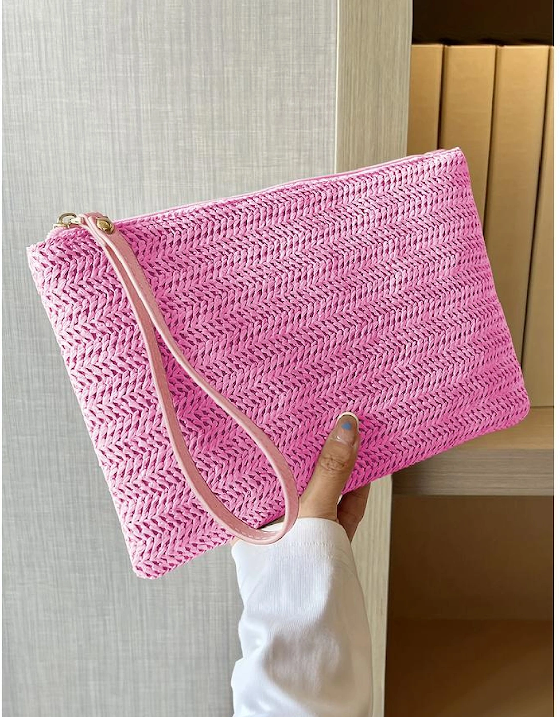 Rose Red Straw Woven Wrist Strap Zipper Large Wallet