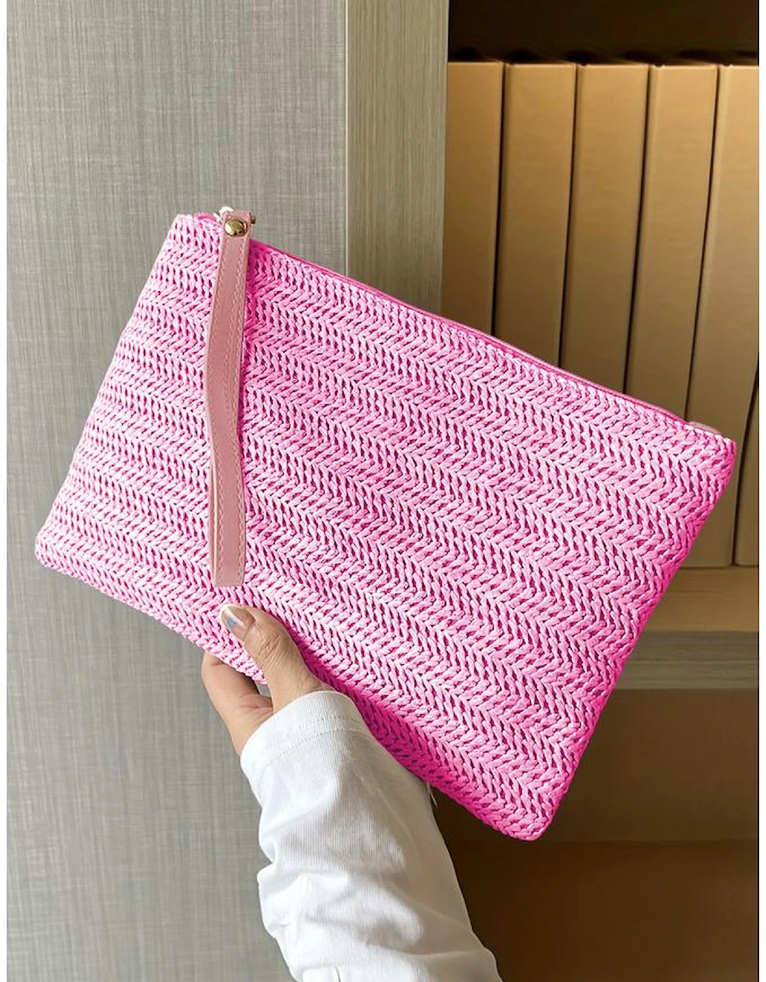 Rose Red Straw Woven Wrist Strap Zipper Large Wallet