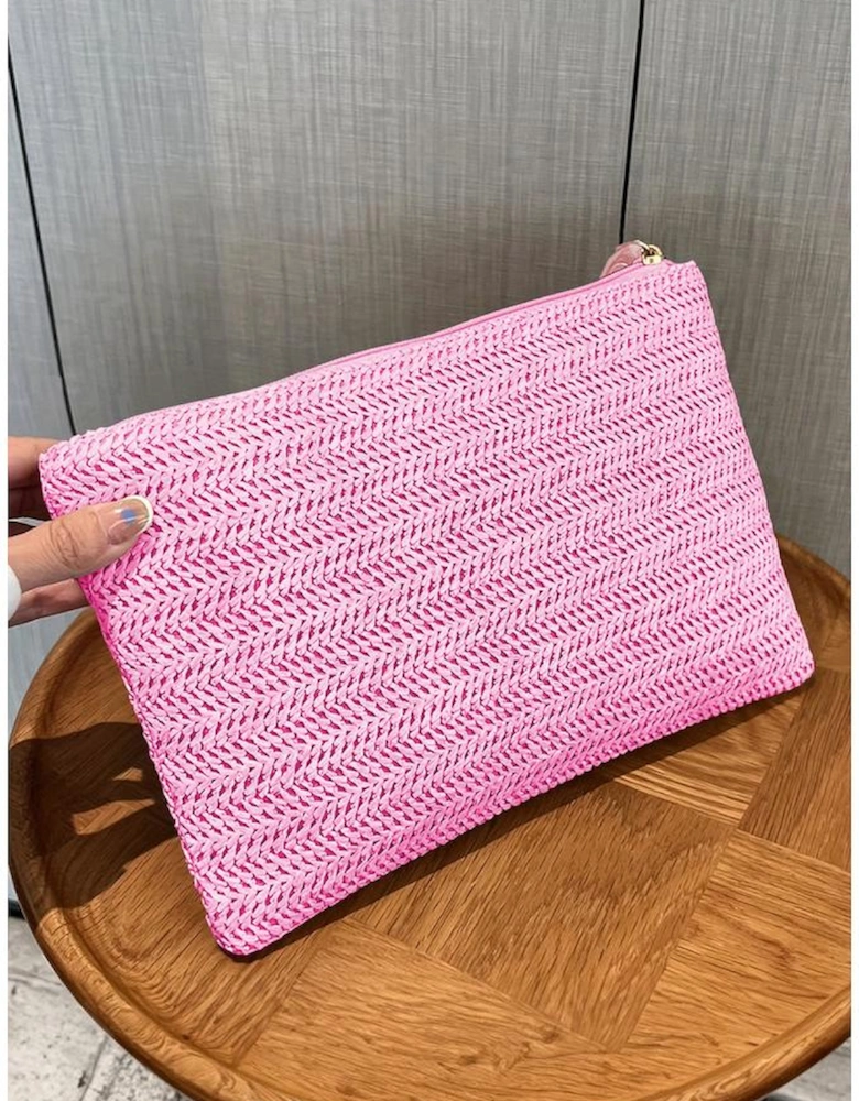 Rose Red Straw Woven Wrist Strap Zipper Large Wallet