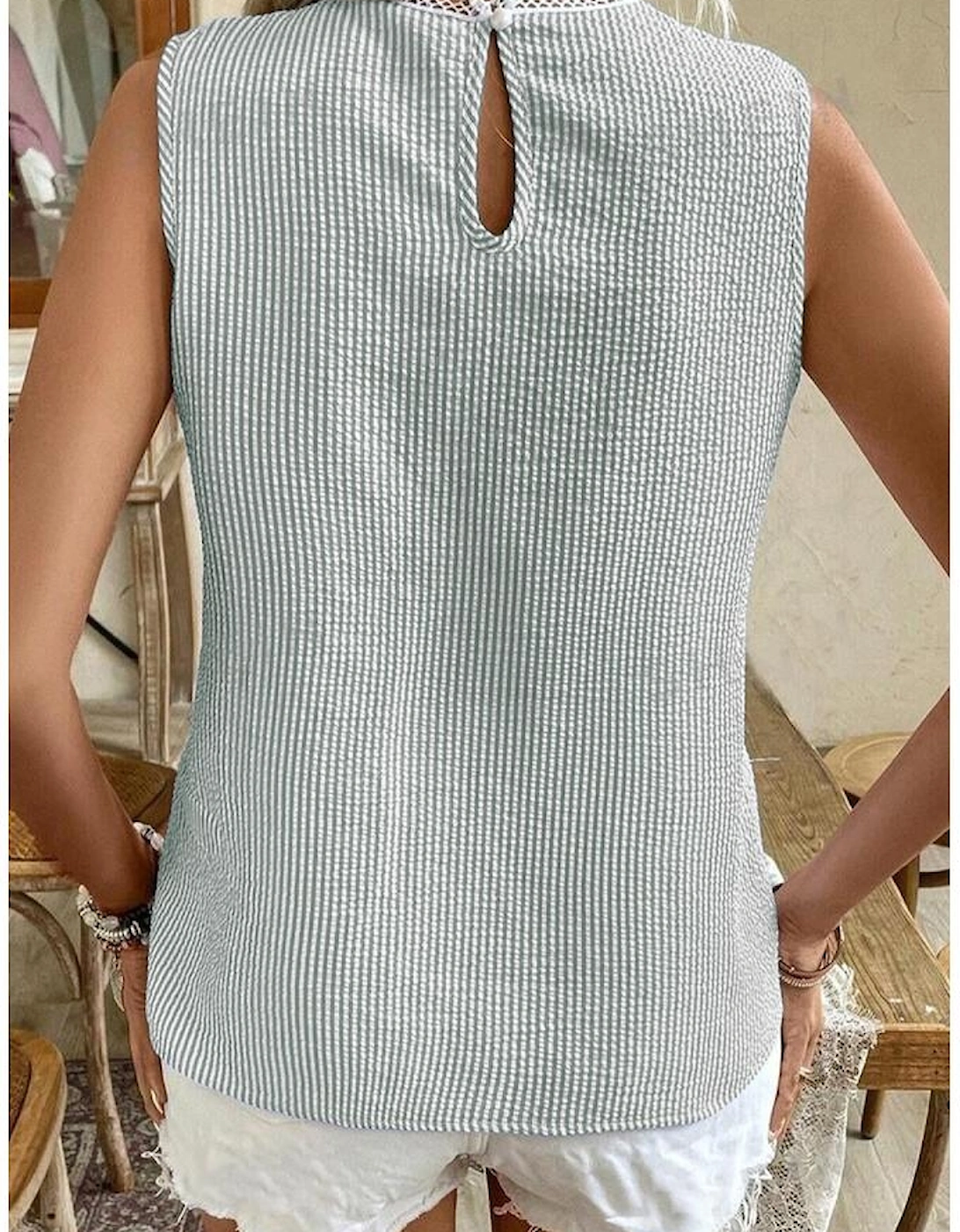 Green Stripe Lace Patchwork Crew Neck Tank Top, 11 of 10