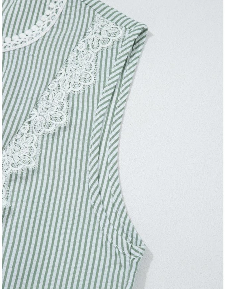 Green Stripe Lace Patchwork Crew Neck Tank Top