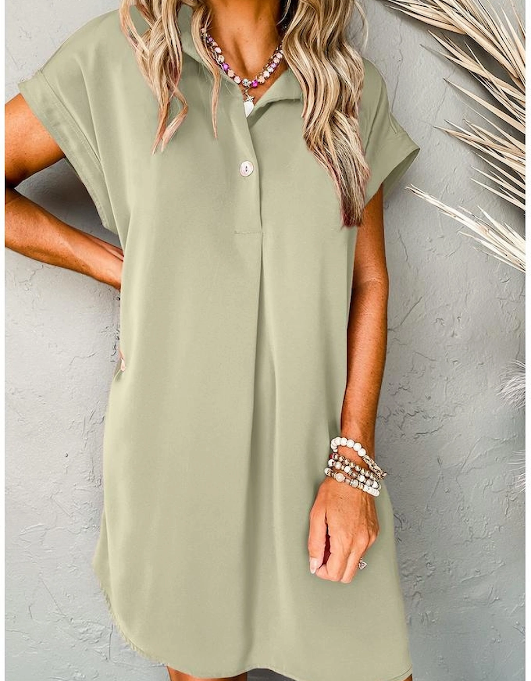Laurel Green Buttoned Collar Shift T-shirt Mini Dress