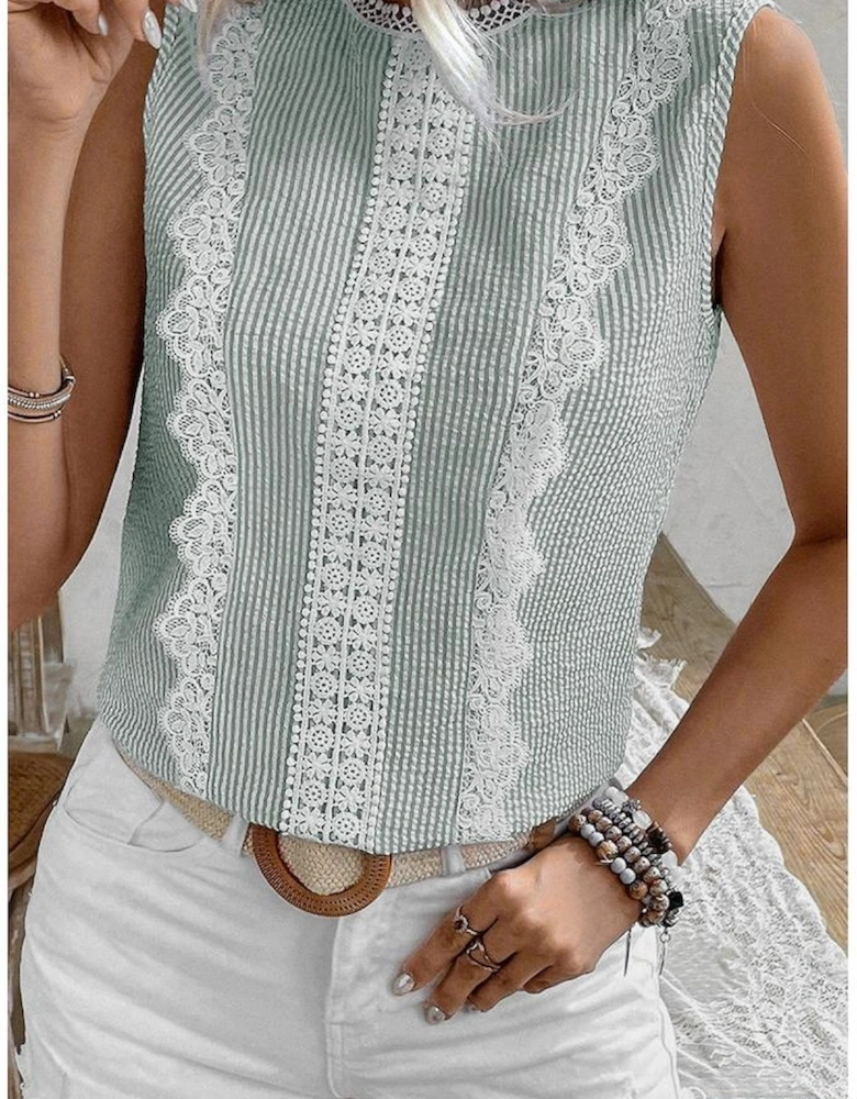 Green Stripe Lace Patchwork Crew Neck Tank Top