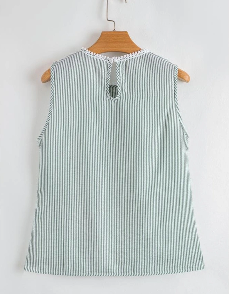Green Stripe Lace Patchwork Crew Neck Tank Top