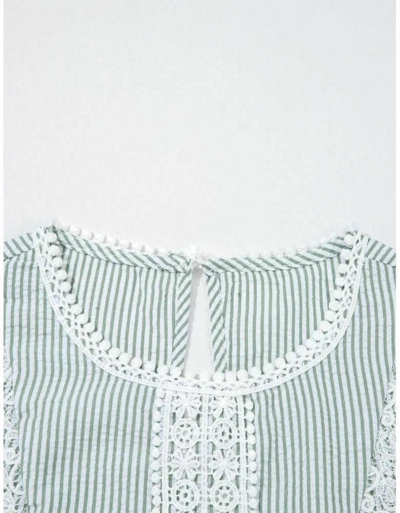 Green Stripe Lace Patchwork Crew Neck Tank Top