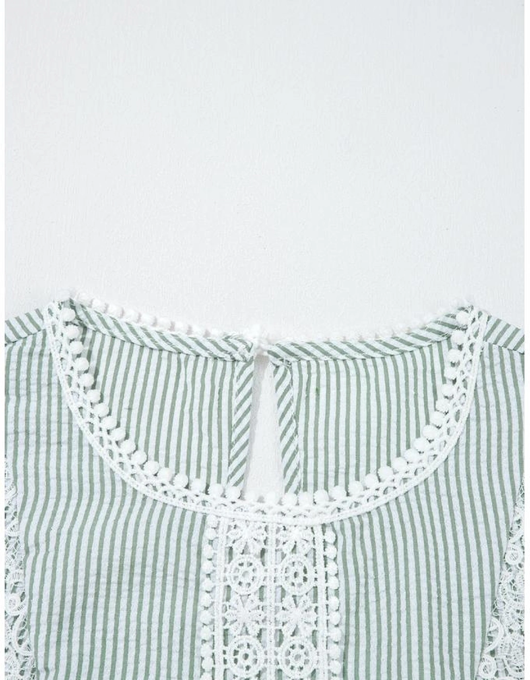 Green Stripe Lace Patchwork Crew Neck Tank Top