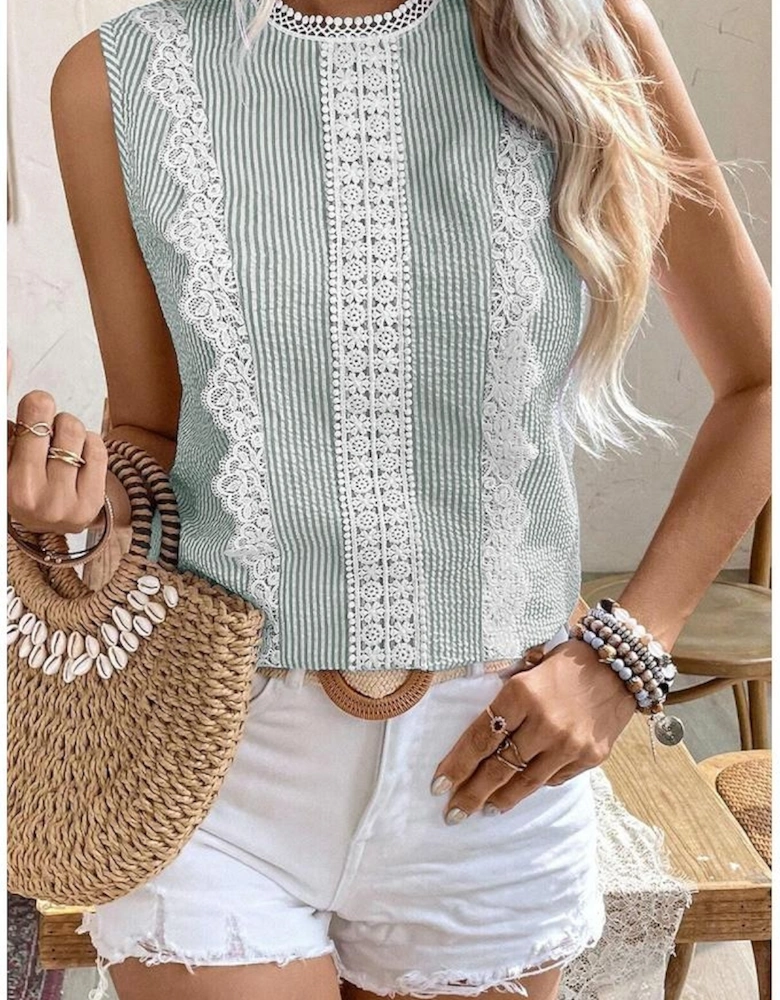 Green Stripe Lace Patchwork Crew Neck Tank Top