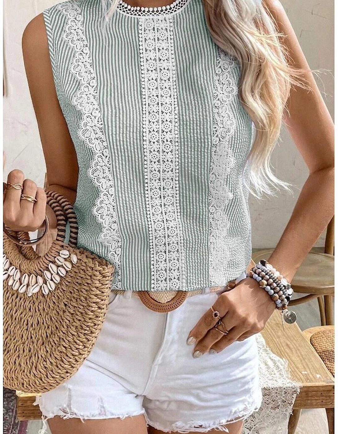 Green Stripe Lace Patchwork Crew Neck Tank Top