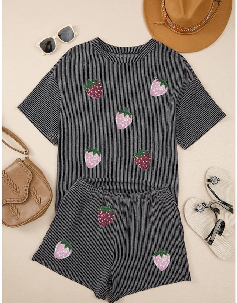Carbon Grey Sequin Strawberry Patched Twist Ribbed Short 2pcs Outfit