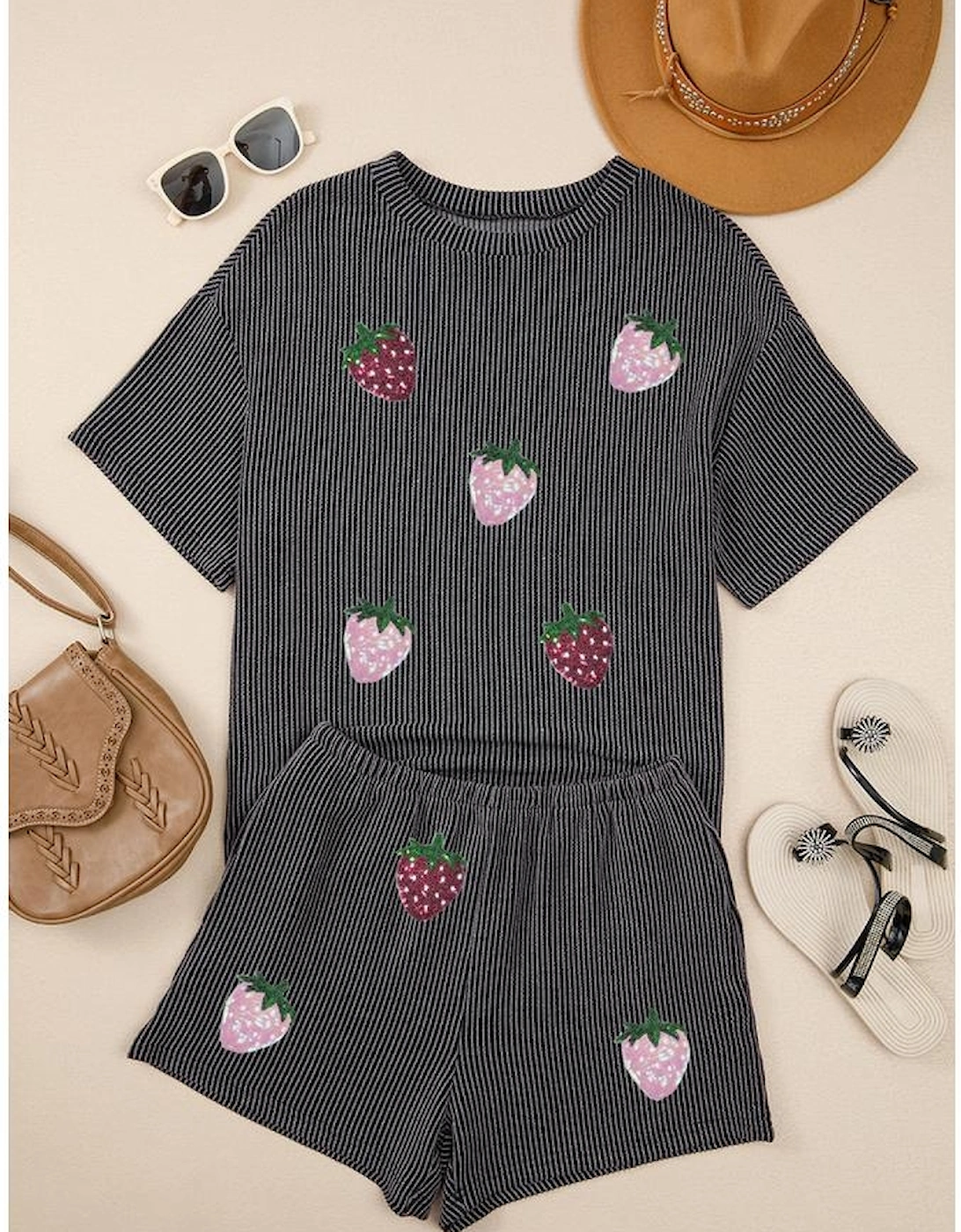 Carbon Grey Sequin Strawberry Patched Twist Ribbed Short 2pcs Outfit, 8 of 7