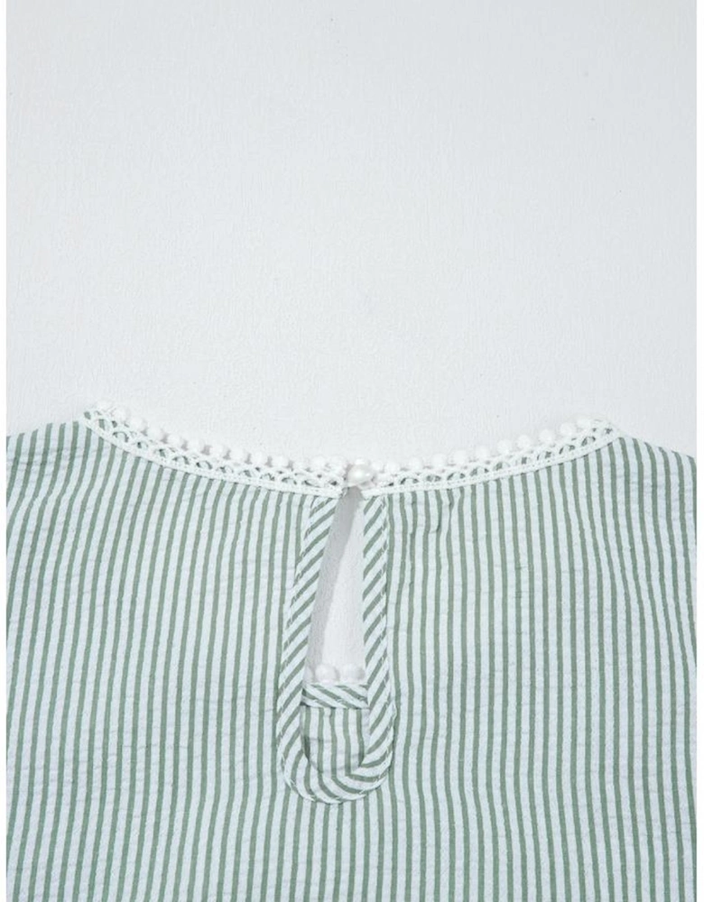 Green Stripe Lace Patchwork Crew Neck Tank Top