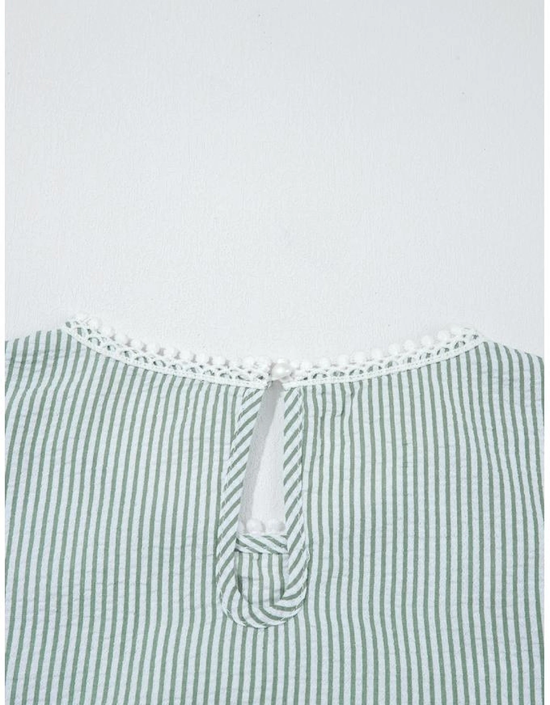 Green Stripe Lace Patchwork Crew Neck Tank Top