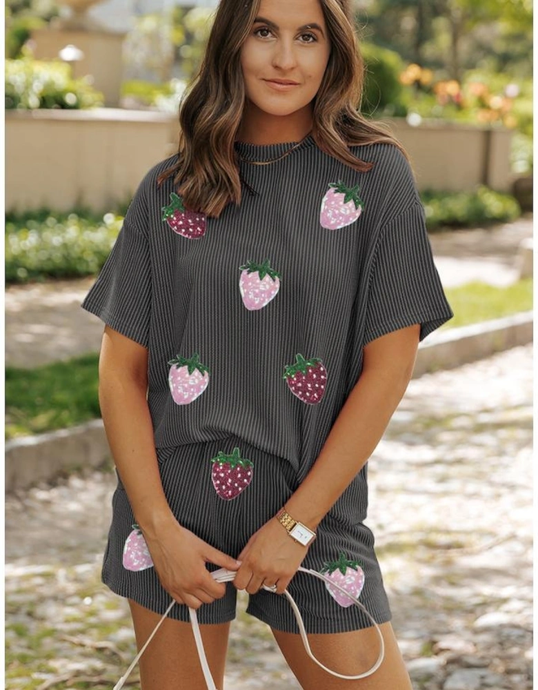 Carbon Grey Sequin Strawberry Patched Twist Ribbed Short 2pcs Outfit