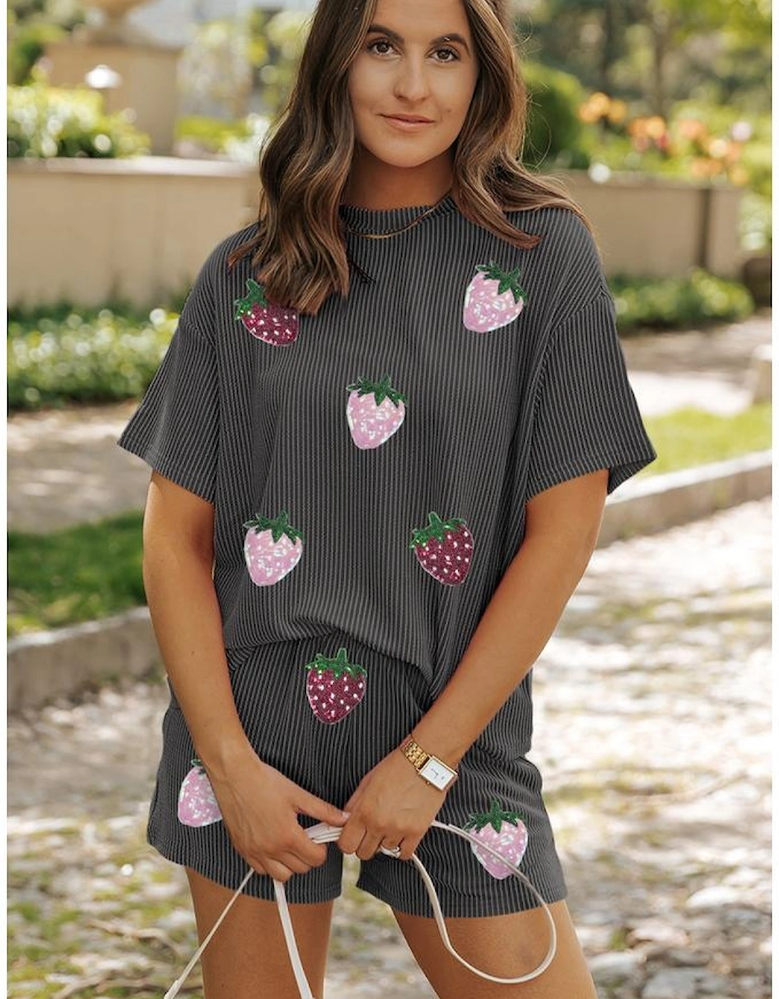 Carbon Grey Sequin Strawberry Patched Twist Ribbed Short 2pcs Outfit