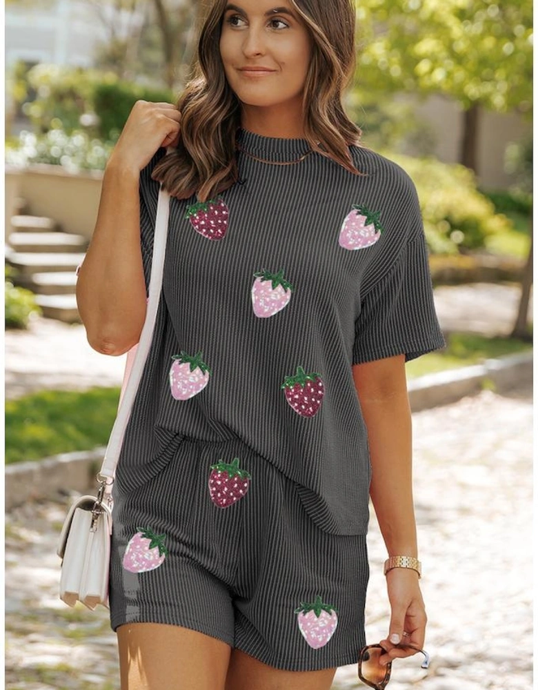 Carbon Grey Sequin Strawberry Patched Twist Ribbed Short 2pcs Outfit
