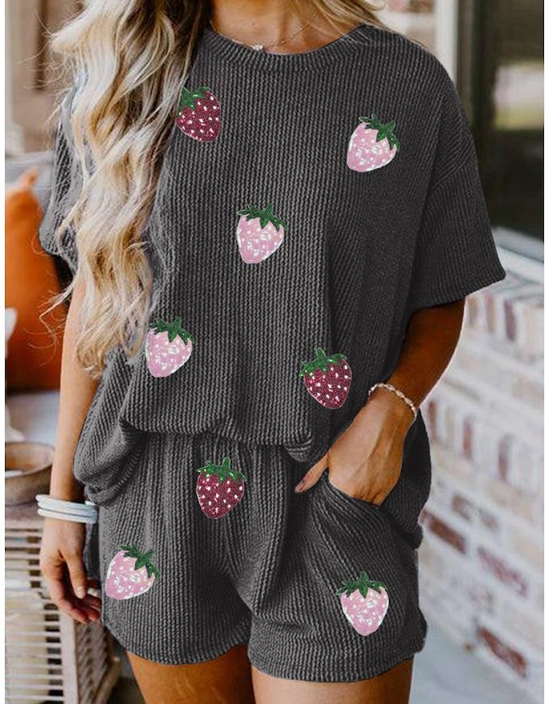 Carbon Grey Sequin Strawberry Patched Twist Ribbed Short 2pcs Outfit