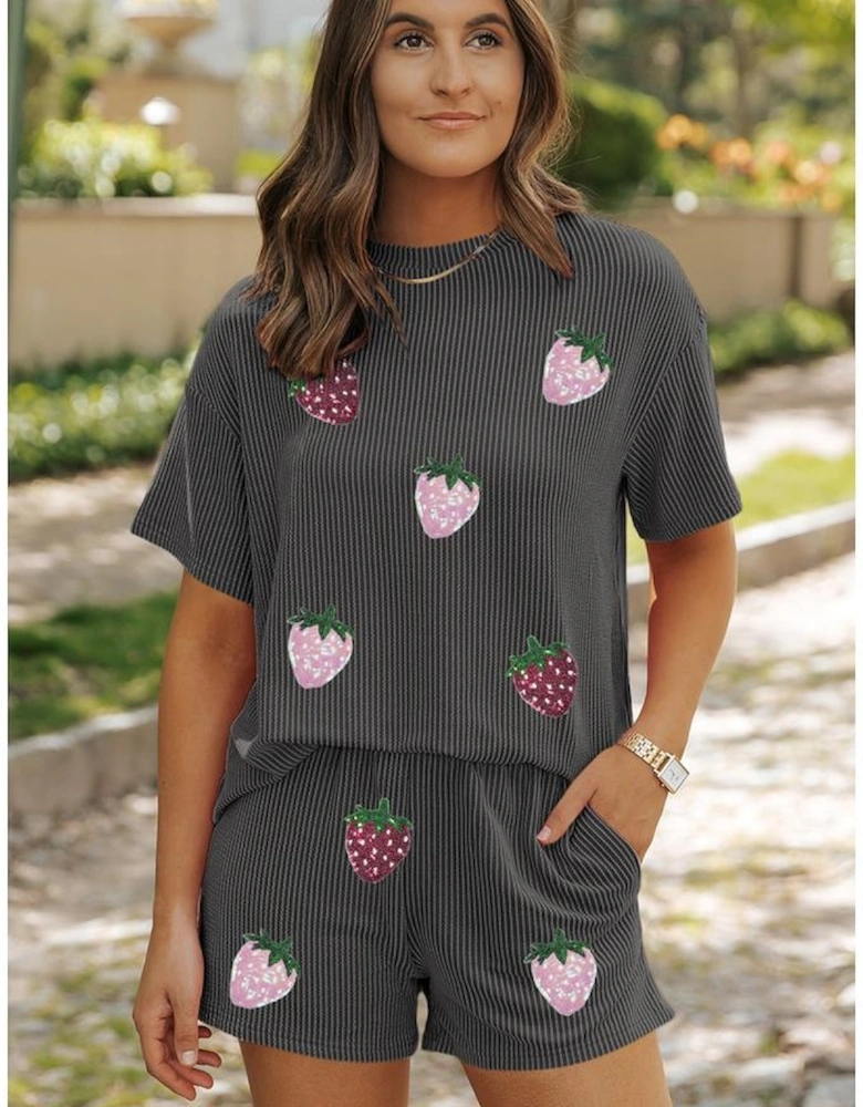 Carbon Grey Sequin Strawberry Patched Twist Ribbed Short 2pcs Outfit