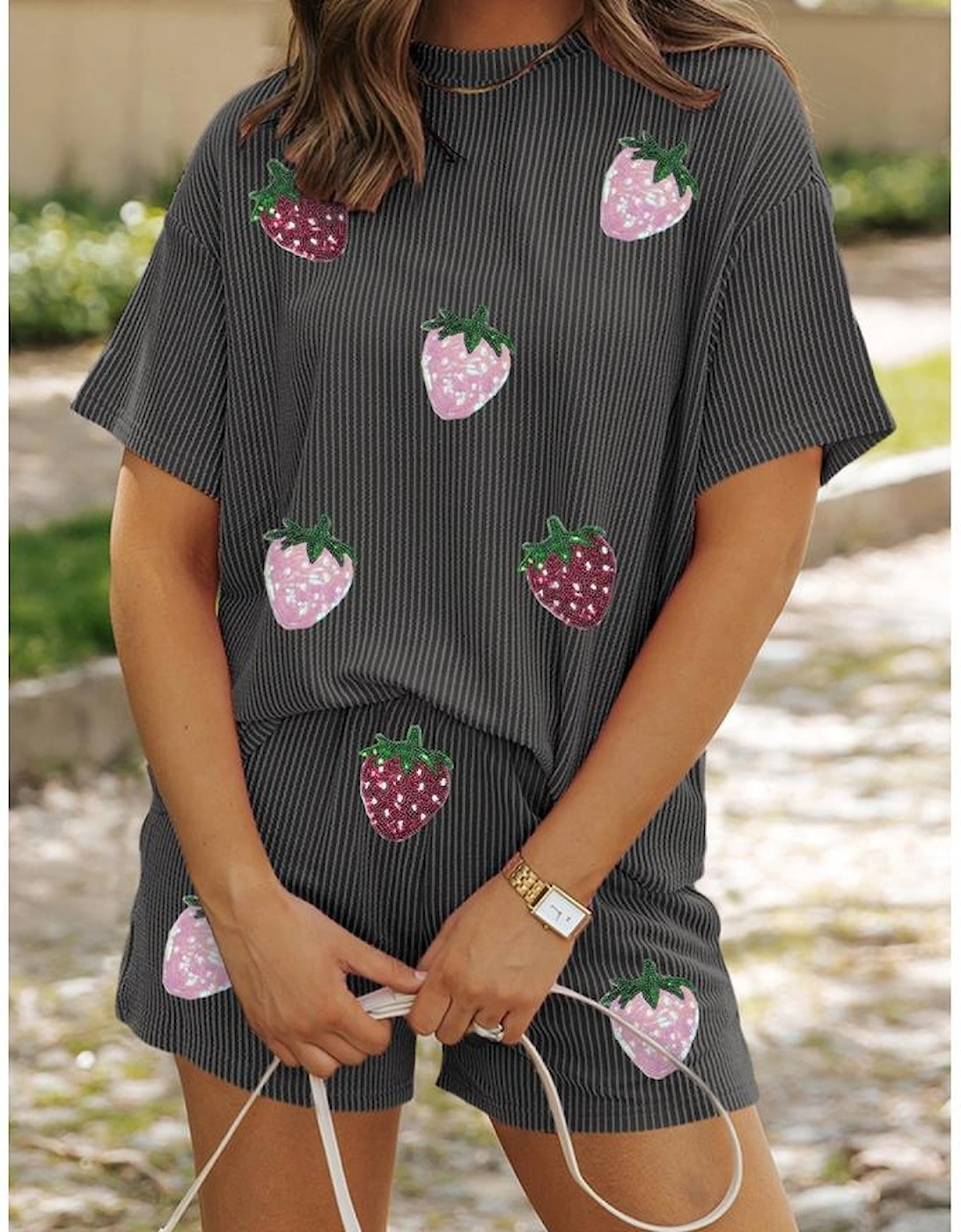 Carbon Grey Sequin Strawberry Patched Twist Ribbed Short 2pcs Outfit